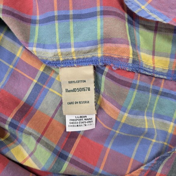 LL Bean Shirt Womens Medium Multicolor Plaid Madras Long Sleeve Preppy Casual - Picture 8 of 8